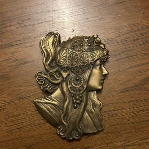Vintage 1970s Alphonse Mucha Bergamot Brass Works Art Nouveau Belt Buckle